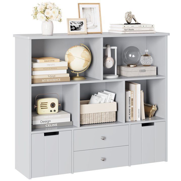 Kids Toy Storage Organizer, 5 Cubby Children Bookcase and Bookshelf with 4 Drawer on Wheels for Playroom, Gray