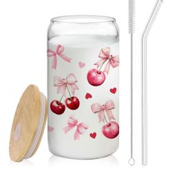 Coquette Preppy Pink Bow Cherry Glass Cup.