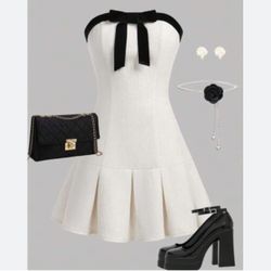 ZARA Teen Girl Tweed A-Line Mini Strapless Dress Black White Bow Sz S