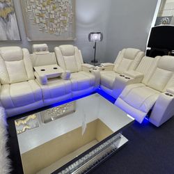 3pcs Creamy White Power Recliner Sofa Set with Storage Console/Cup Holders/USB Ports