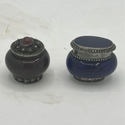 VTG Set  Of 2, 2” Trinket Pill Boxes Jar Cobalt & Red Amber Glass Made in India  This vintage set of two 2” trinket pill boxes jars in cobalt and red 