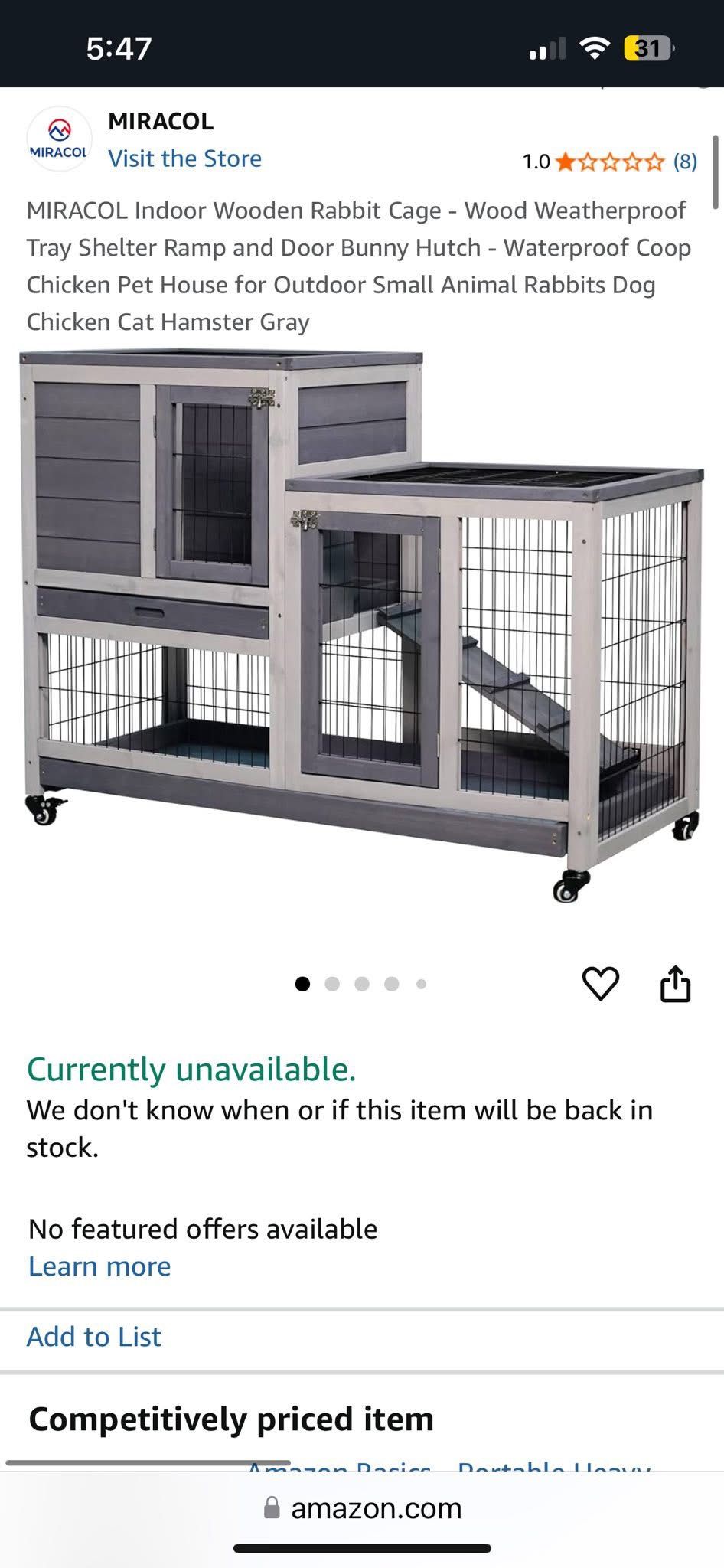 BRAND NEW MIRACOL Indoor/Outdoor Wooden Rabbit Cage - Wood Weatherproof Tray Shelter Ramp and Door Bunny Hutch