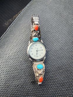 Vintage Southwestern STERLING SILVER Turquoise & Coral Watch