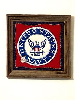 UNITED STATES NAVY FABRIC PICTURE IN TREE BARK FRAME / HANDMADE