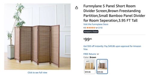 Furnnylane 5 Panel Short Room Divider Screen, 3.95 FT Tall