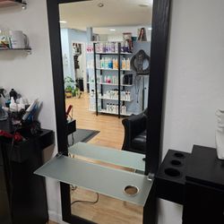 Salon mirro with shelves $150 .   31x70.5 shelf 10x30