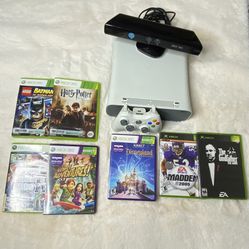 Barely Used Microsoft XBOX 360 White Video game Console 60GB + Kinect & more 