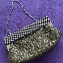 Vintage Black Gold Evening Clutch with Rhinestones, Glam Retro Formal Bag with Chain