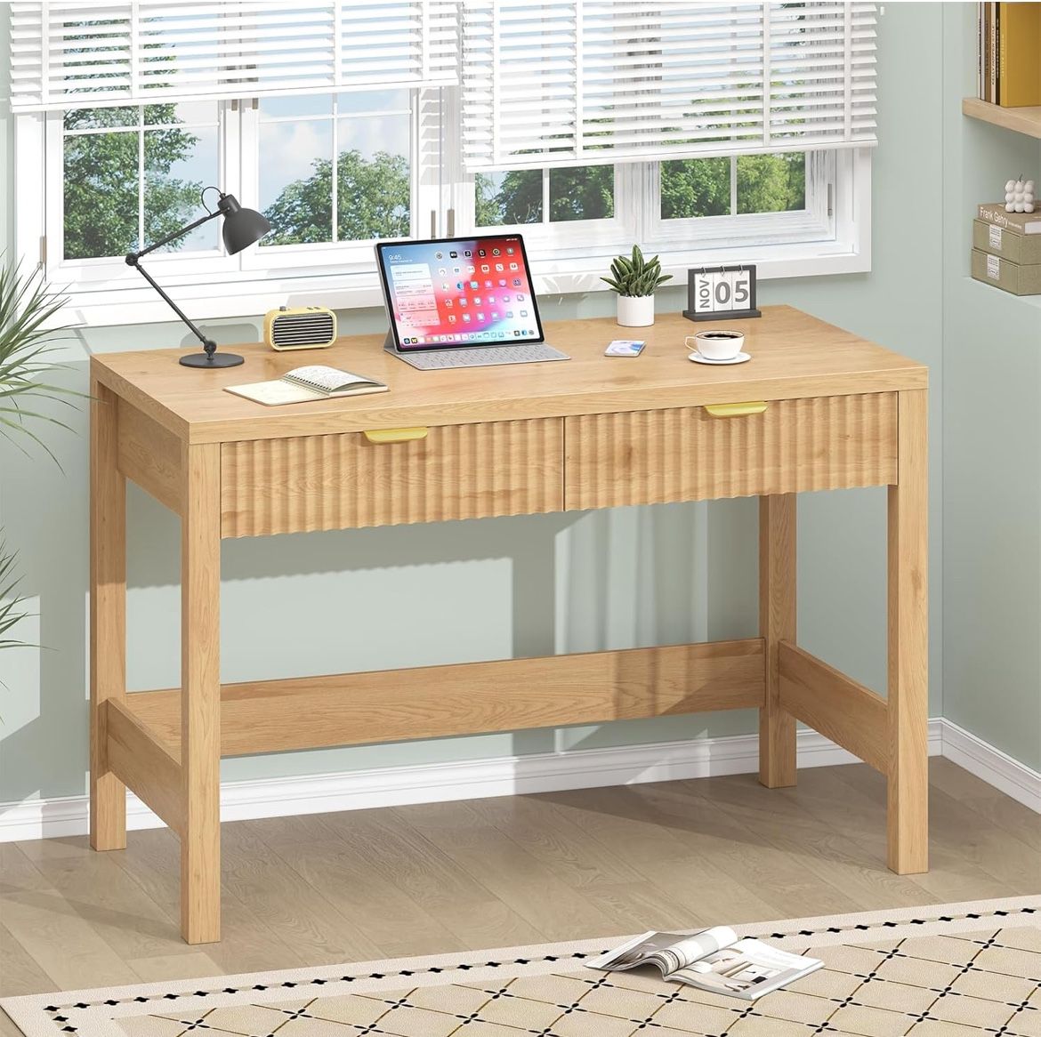 Fluted Computer Desk with 2 Drawers, 39 Inch Small Computer Desk with Storage, Compact Writing Study Desk for Small Spaces