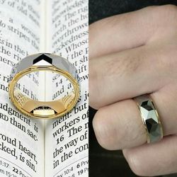 Mens Tungsten Wedding Band Polished Facet Cut Gold Step Edge