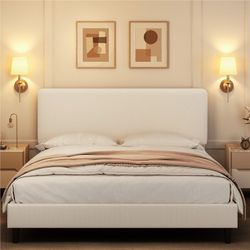 Full Size Upholstered Platform Bed with Adjustable Headboard, Beige