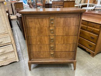 Vintage 70’s English Walnut Tallboy 5 Dresser with Brass Pulls and Tapered Legs