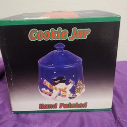 Vintage 1980s New Porcelain Hand Painted Cookie Jar Snowman