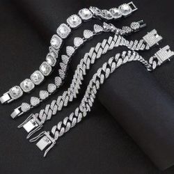 4 Pcs Fully Iced 14K White Gold Plated Cubic Zirconia Maimi Cuban Link,  Tennis Square Shape, Heart Shape  Bracelets 