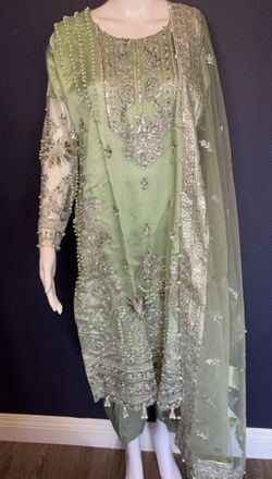 Pakistani Dress 3-Piece Set Size XL Color Green Embroidered Sequence