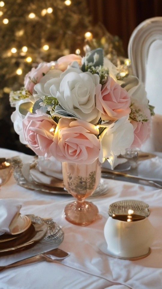 Flower Lightstand Pink And White. Artificial Roses In A Glass Vase