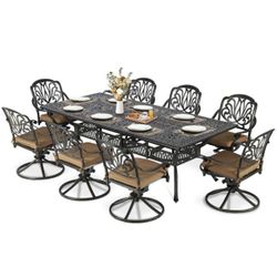 9-Piece Outdoor Patio Dining Set For 8, All Weather Cast Aluminum Patio Funiture Table And Chairs Set- 94.5" Rectangular Table And 8 Cushioned Swivel 
