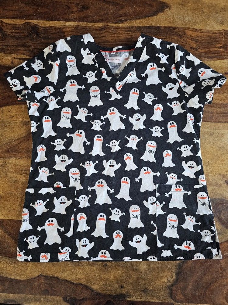 White Cross Cartoon Scrubs Scrub Top Holiday Halloween Graphic Ghosts Medium EUC