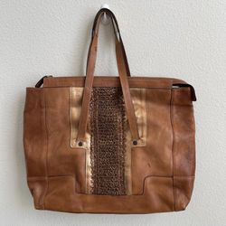 MARCO BUGGIANI Light Brown Italian Leather Woven Large Work Shoulder Tote Bag