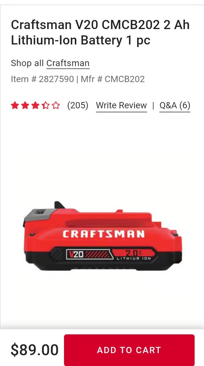 Craftsman 20v 2.0 Amp Battery