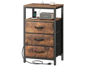 Nightstand 27.6 Inch with USB Ports and Outlets Fabric Drawers Rustic Brown new ✨️