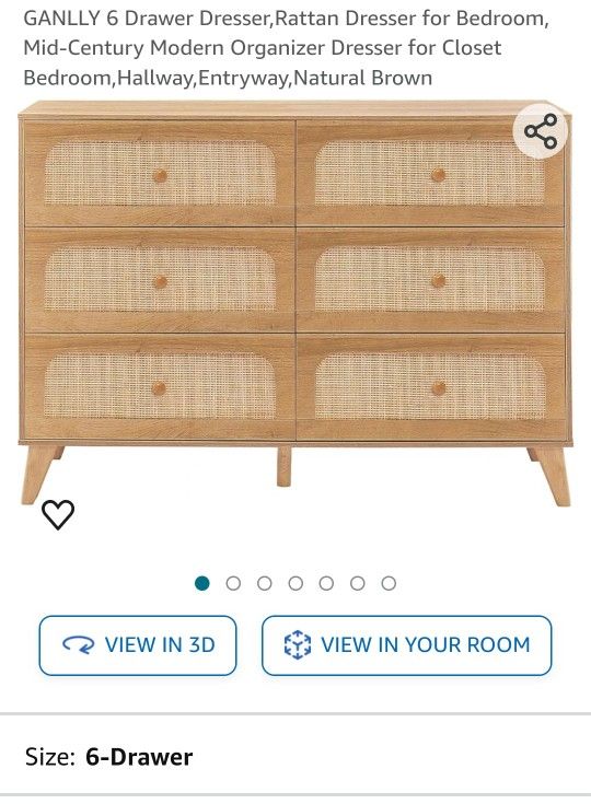  6 Drawer Dresser,Rattan Dresser for Bedroom, Mid-Century Modern Organizer Dresser for Closet Bedroom,Hallway,Entryway,Natural Brown

