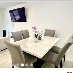 Dining Set Cambridge Two Toned Faux Marble Table top Seating for 6 Fabric Look