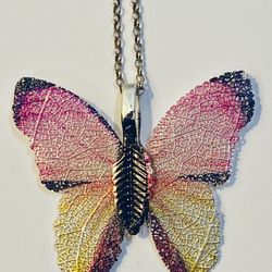 Butterfly Pendant Silver-Tone Electroplated In Colorful Metal Chain 12 inches