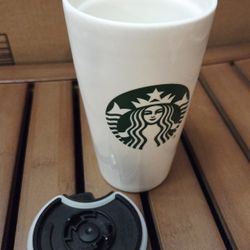 Starbucks 12 oz Ceramic Tumbler double-walled travel mug with black twist sip lid