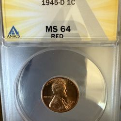 1945-D Lincoln Wheat Cent – ANACS MS64 Red – Gem BU – WWII Era Penny