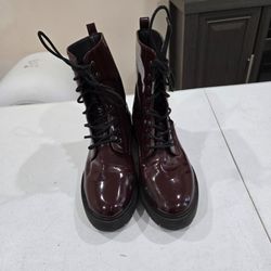 Burgundy Patent Leather Lace-Up Combat Boots