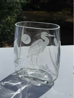 Etched vase with Crane, Moon, and dragonfly