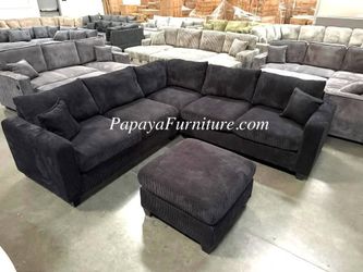 NEW Black Fabric Sectional Sofa and Ottoman Set Modern Ashley Style Couch Furniture Warehouse BIG Discount SALE Seccional Soft Plush Mid Century