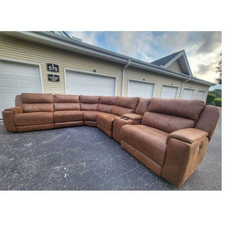 Genuine Suede Leather Power Reclining Sectional Couch 