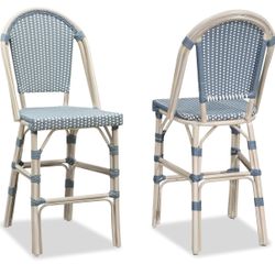 PURPLE LEAF French Counter Height Bar Stool Set of 2 25" White Print Finish Patio Bar Chairs with Back Rattan Bar Chairs French Bistro Set for Kitchen