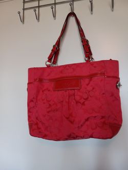 COACH BAG RED CLOTH LEATHER TRIM  LARGE