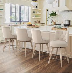 4 swivel bar Stools for kitchen island. Upholstered Fabric Counter Height Solid Wood Leg