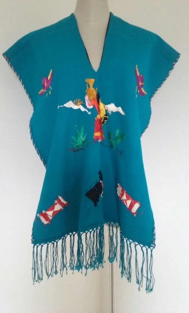 Authentic Mexican Handmade Embroidered Serape Poncho Shawl Vest Cape with Tassles