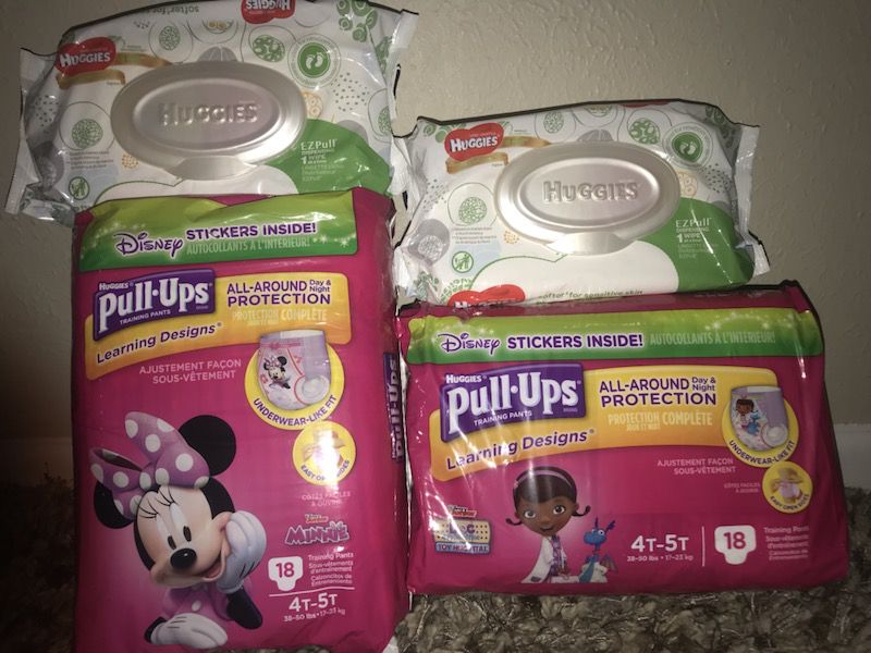 2 packs of huggies pull ups training pants size 4t-5t with 2 packs of huggies wipes
