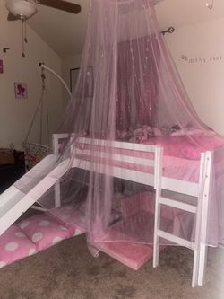 White wood sliding bed with chalk board mattress included