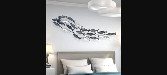Large Metal School of Fish Wall Art 59 x 16.5 in Blue/White/Green