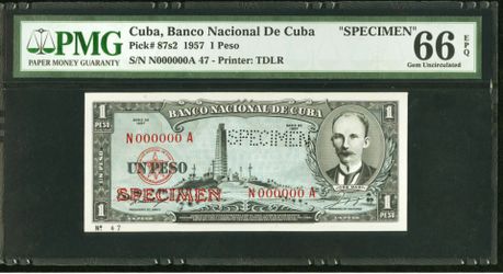 1 peso 1957 specimen cuba pmg 66