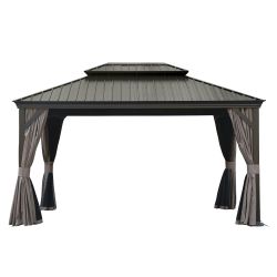 10' X 14' Hardtop Gazebo, Upgraded Metal Gazebo with Drainage System, Dual-Layer Galvanized Steel Roof, Curtain and Netting, Outdoor Shelter Canopy fo