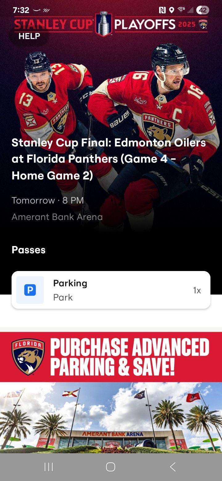 Florida Panthers Versus Edmonton Oilers Game 4 General Parking Pass 06/12/25