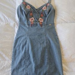 Guess Denim Lace-Up Floral Embroidered Mini Dress XS
