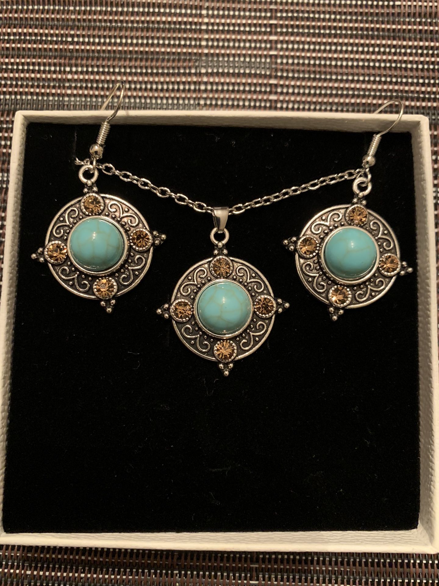 Antique Style Earrings and Necklace set with Turquoise and Citrine