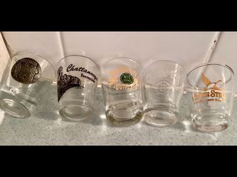 5 Vtg. Shot Glasses Jack Daniels Calvert Chattanooga Choo Choo Gettysburg etc. Barware Memorabilia Glassware