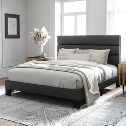 New dark gray full sized Platform Bed Frame with Fabric Upholstered Headboard. No box spring needed 