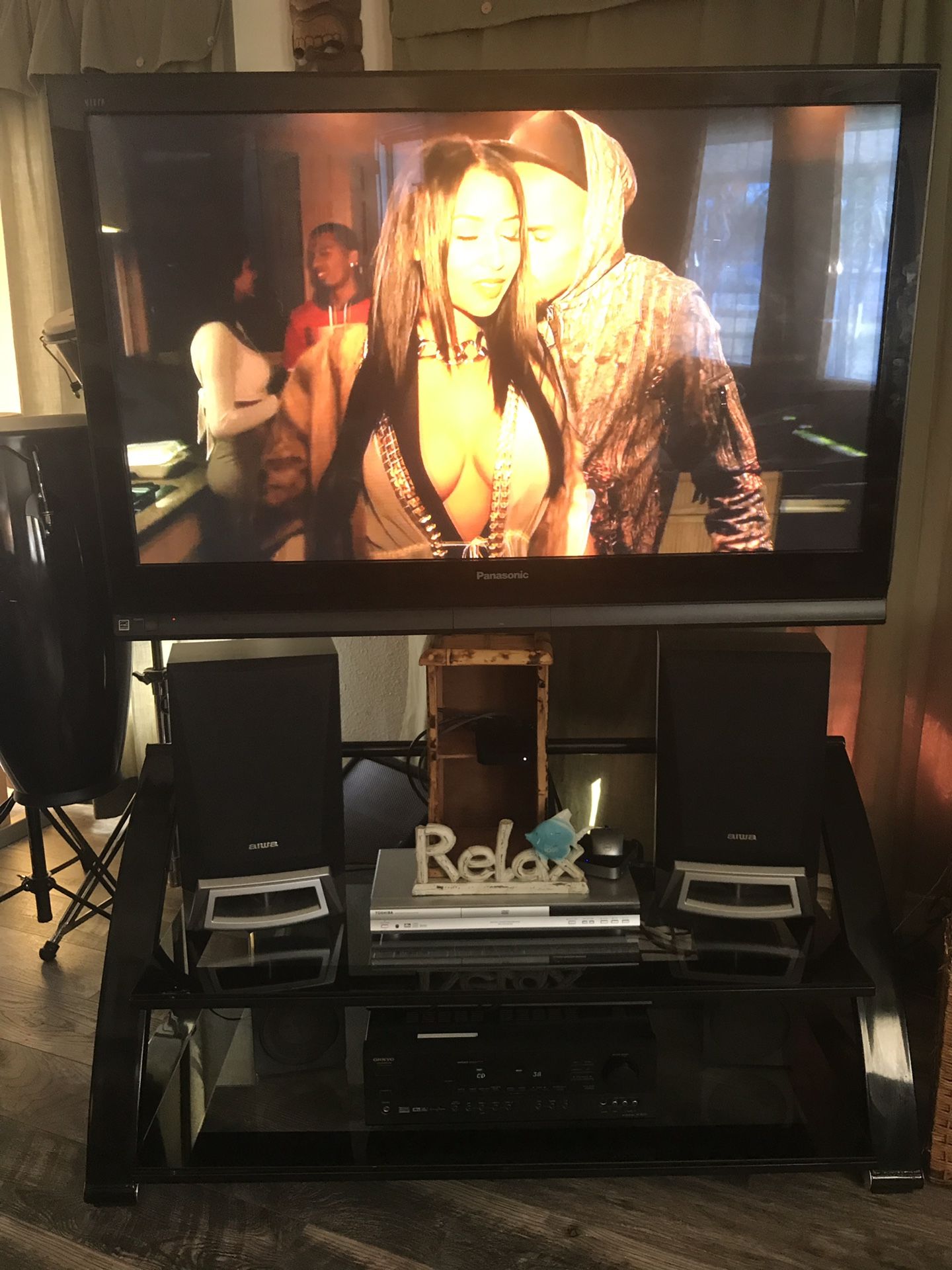 50” Panasonic TH-50PX75U Plasma TV with Black and Glass TV Stand