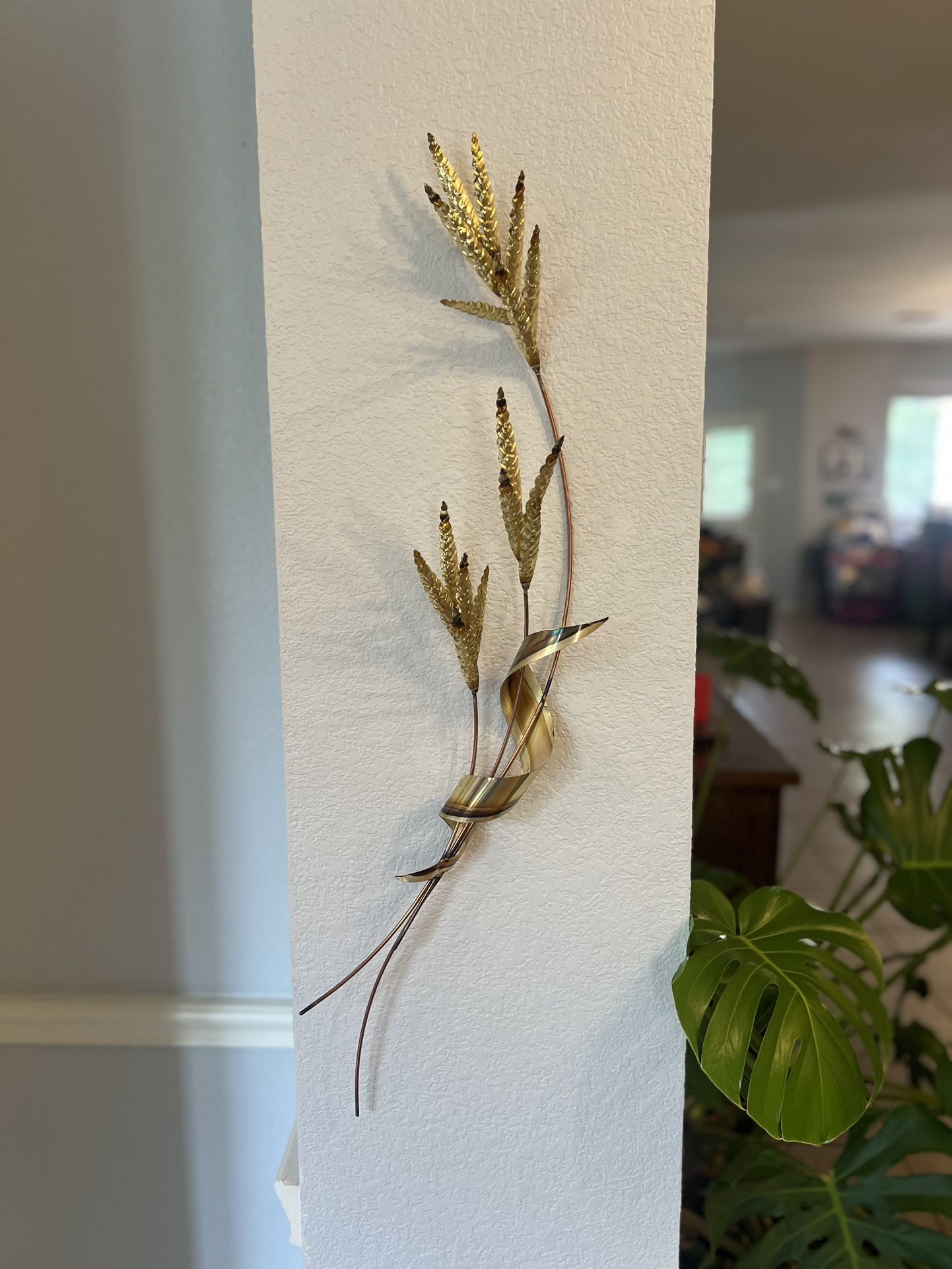 Pair of Vintage Malleable Brass and Copper Tin Wheat Stalk Brutalist Wall Decor